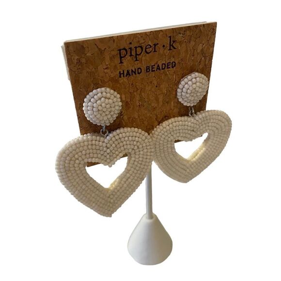 Piper.k Hand Beaded White Open Heart Drop Earrings. - Picture 2 of 5